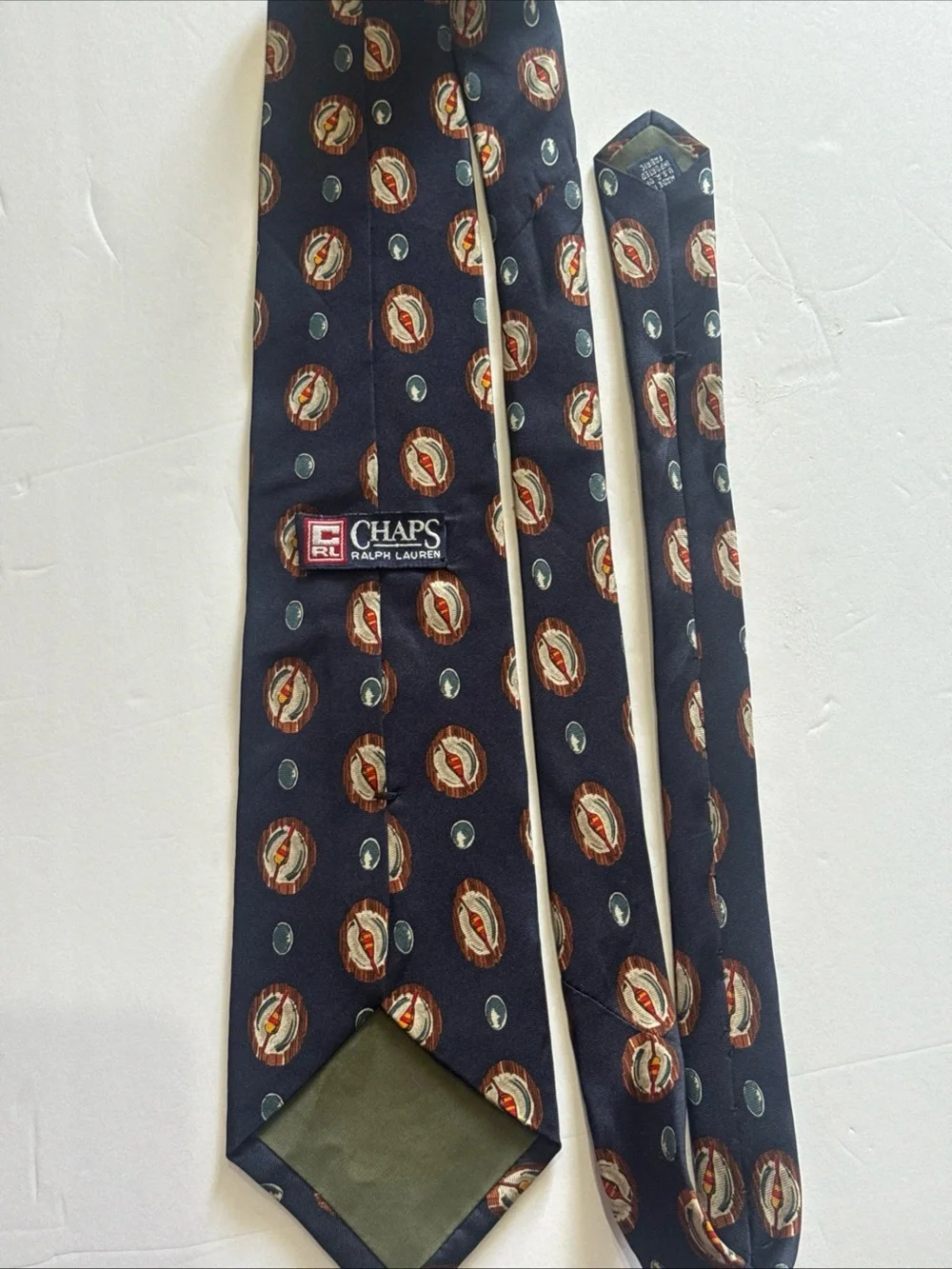 Chaps Ralph Lauren Navy Tie with Red and Gold Medallion Pattern - Picture 3 of 4